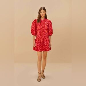 FARM Rio Hot Pink and Red Floral Puff-Sleeve Mini Dress